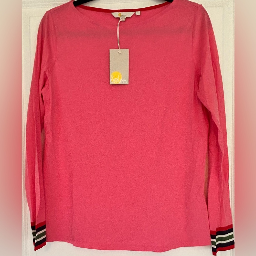 NWOT Boden Pink Long Sleeve Tee with Striped Cuffs